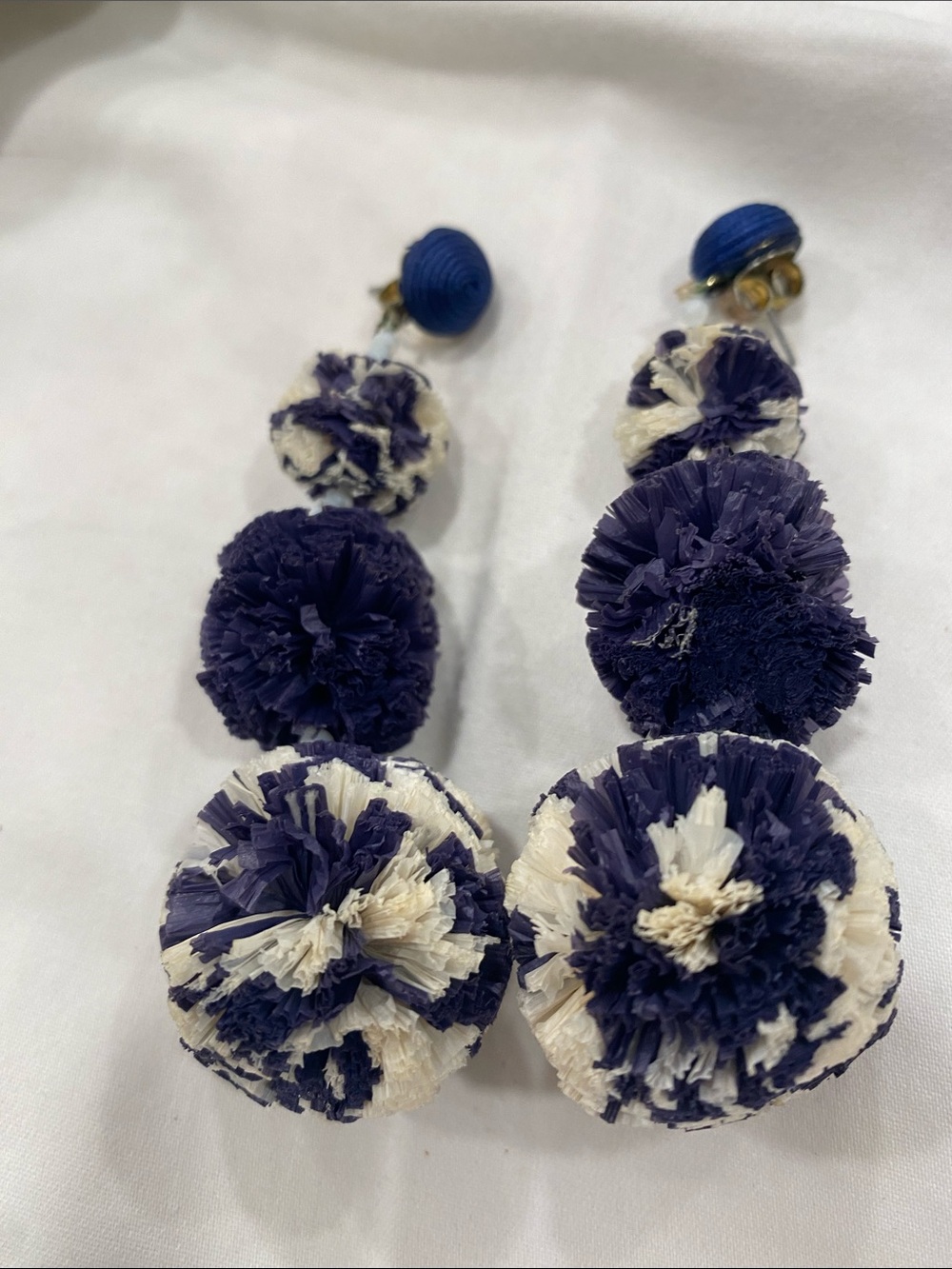 Handcrafted Navy and White Pom Drop Earrings